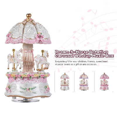 

Luxury Dream 3-Horse Rotating Carousel Merry-go-round Windup Music Box with Colorful Color Change LED Luminous Light Melody of Cas