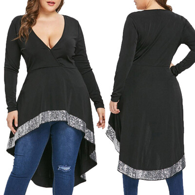 

Starmoon Fashion Women Casual Plus Size Sequin Trim High Low Surplice T-shirt Long Tops