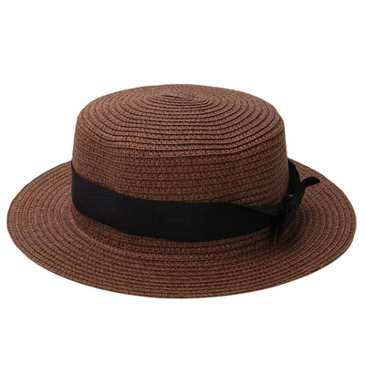 

Lady Boater Sun Caps Ribbon Round Top Straw Beach Hat Summer for Women Straw Hats Handmade