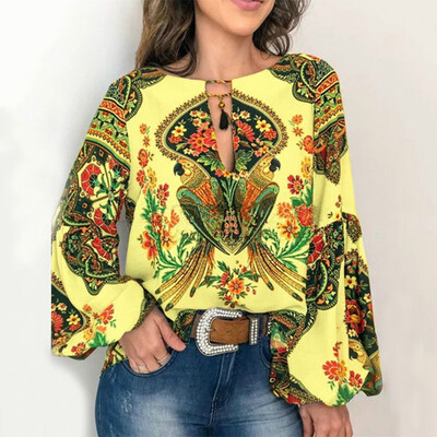 

Women Floral Print Chiffon Shirts Tops Fashion V-Neck Long Sleeve Tops Loose Tee