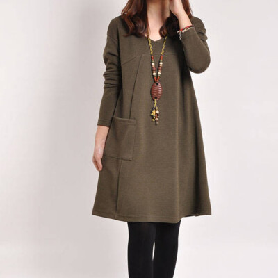 

Tailored Women Fashion Casual Solid V-neck Loose Pocket Dress Long Sleeve Loose Dress