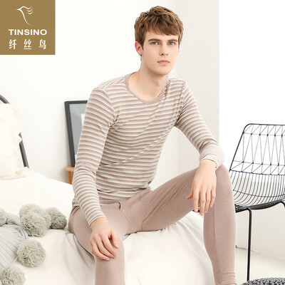 

Filament bird TINSINO thermal underwear personal men&women round neck stripes slim thick couple models autumn clothing long pants set horizontal strips of velvet coffee XXL