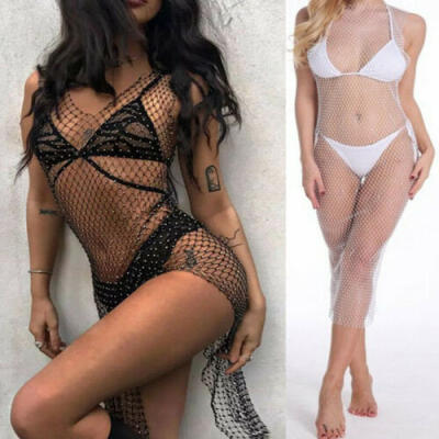 

Women Ladies Bikini Fishnet Mesh Cover Up Swimwear Beach Bathing Bosysuit Dress