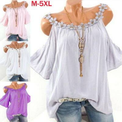 

Womens Cold Shoulder T-Shirt Summer Holiday Ladies Casual Tops Blouse Size -5XL