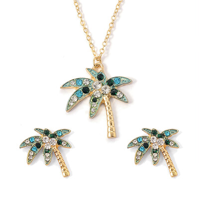 

Women Fashion European And American Gold Coconut Tree Set Crystal Jewelry Set Creative Leaf Necklace Ear Stud Earrings