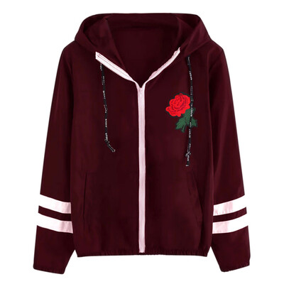 

Toponeto Women Long Sleeve Rose Thin Skinsuits Hooded Zip Floral Pockets Sport Coat