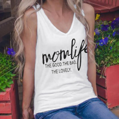 

Fashion Women Mom Life Letter Print T-Shirt V Neck Sleeveless Slim Tee Summer Casual Tank Top White