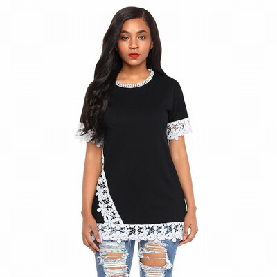 

Round neck short-sleeved exquisite lace womens T-shirt casual simple top