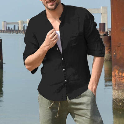 

Toponeto Mens Baggy Cotton Linen Solid Long Sleeve Button Pocket Stand Collar Shirt Tops