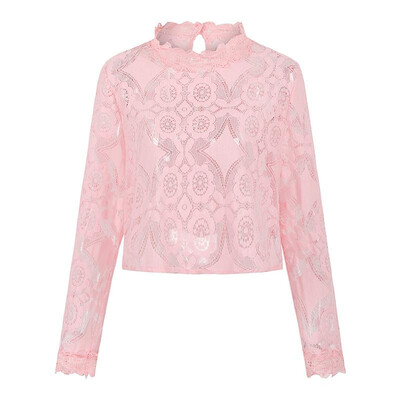 

Women Cover Up See Through Floral Lace Hollow Out High Neckline Long Sleeve Sexy Beach Blouse