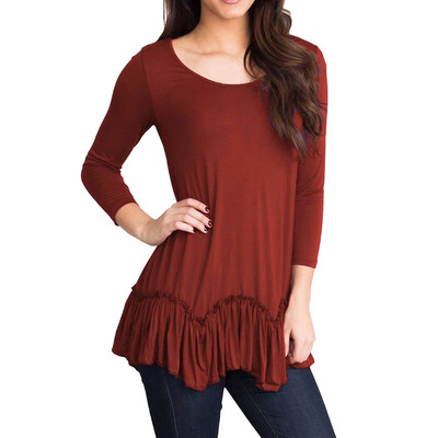 

Nomeni Women Casual Solid O-Neck 34 Sleeved Ruffled Pleated Hem Top T-Shirt Blouse