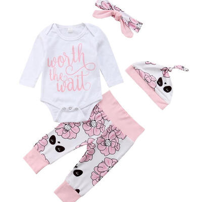 

4pcs Floral Newborn Outfit Clothes Baby Girls Little Sister Rompers TopLeggingHeadbandHat