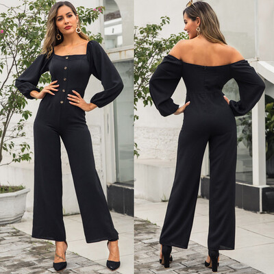 

Tailored Women Fashion Solid Square Collar Button Zipper Long Sleeve Wide Leg Jumpsuit
