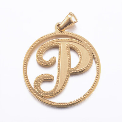 

304 Stainless Steel Pendants Flat Round with LetterP 28x25x12mm Hole 6x35mm