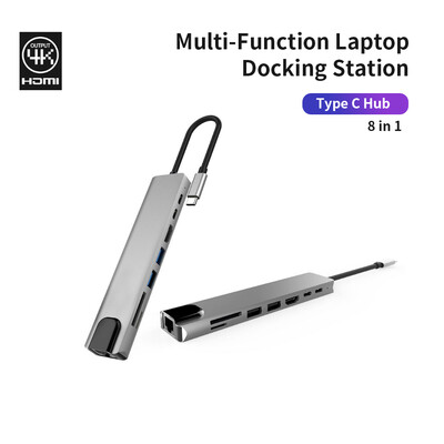 

8IN1 USB-C Multi-function Laptop Docking Station Converter Type-C to PDUSB2HDTVType-CSDTFRJ45 87W Adapter Grey
