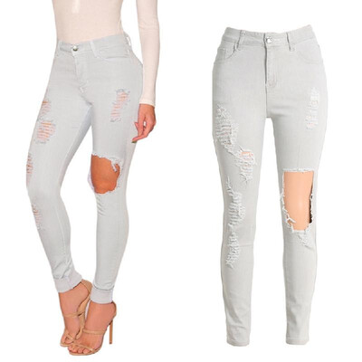 

New Sexy Women Denim Jeans Ripped Hole Tights High Waist Skinny Bodycon Pants Pencil Trousers Light Grey