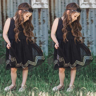 

2018 Summer Adorable Kids Girls Lace Pageant Princess Party Dress Black Sleeveless Tulle Sundress 2-7Y