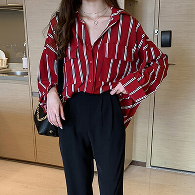 

Starmoon Fashion Women Top Stripe Printing Shirt Long Sleeve Lapel Casual Loose Blouse