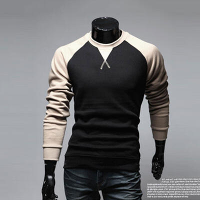 

Patchwork Color Round Neck Long Sleeve Pullover Mens T-Shirt Casual Color Stitching Male Tee Top