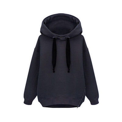 

Women Hooded Sweatshirt Long Sleeve Velvet Thick Warm Hoodies Female Zipper Decor Pullover Solid Color Sweatshirts Tops