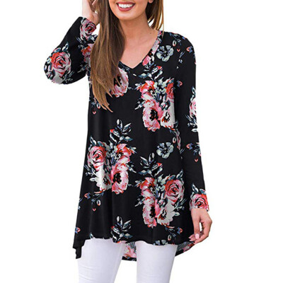 

Tailored Women Casual Floral Print Long Sleeve V-Neck Loose Top T-Shirts Blouse