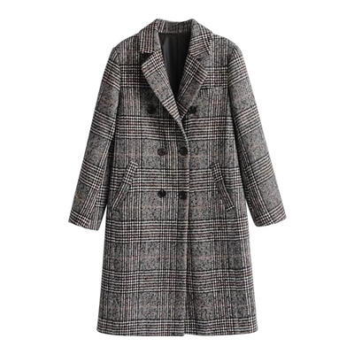 

Women Winter Plaid Turn Down Collar Overcoat Double Breasted Stylish Tops