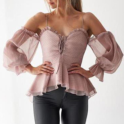 

Nomeni Fashion Women Sexy Dot Bandage Lace-up Long Sleeve Camisole Blouse T-shirt Tops