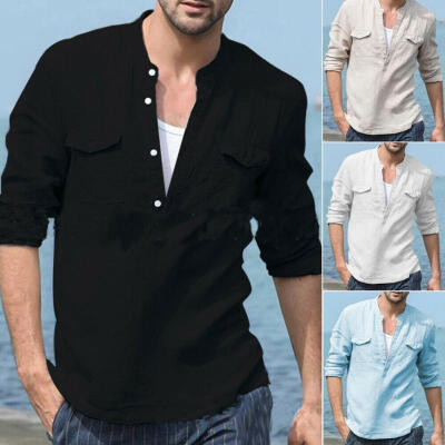 

Men&39s Long Sleeve Cotton&Linen T Shirts Casual Tops V Neck Tees Button Standard-Fit Shirts with Pocket -XXL