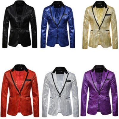 

Men Gradient Sequin Suit Jacket Blazer One Button Fashion Coat Wedding PartyTop