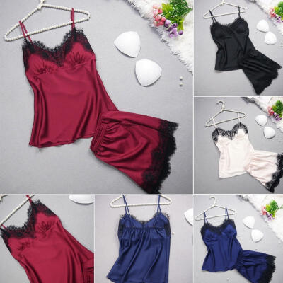 

Newest 2pcs Women Sexy Satin Lace Sleepwear Babydoll Lingerie Nightdress Pajamas Set