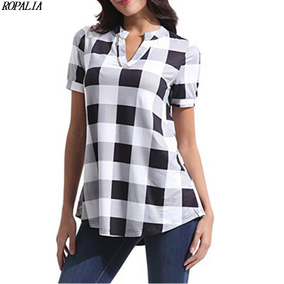 

Womens V Neck Plaid Print Short Sleeve Loose T-Shirt