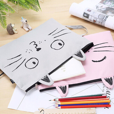 

Toponeto Cute Cat Mustache Zipper Canvas A4 File Bag Student Storage Bag