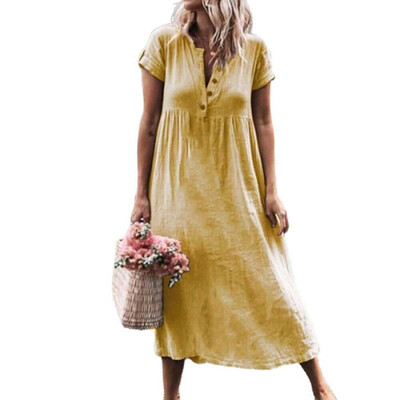 

Women Cotton Linen Long Dress Short Sleeve Casual Boho Kaftan Tunic Plus Size S-3XL