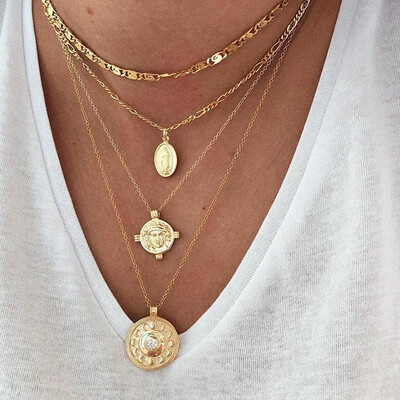 

Vintage Leaf Cross Heart Pyramid Ancient Egyptian Pharaoh Pendant Multilayer Gold Necklace Punk Lady Jewelry Women Necklace Set