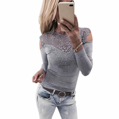 

Fashion Autumn Women Slim Fit Sexy Lace Splicing T-shirt Off Shoulder Tops