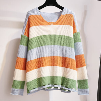 

Korean Style Sweet Striped Sweater Women Autumn Rainbow Striped Long Sleeve Kawaii Loose Pullover Warm Jumpers