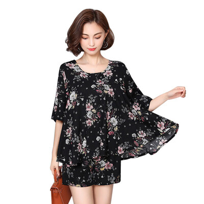 

Womens Fashion Chiffon Floral Print O-Neck Short Flare Sleeve Top And Shorts Set