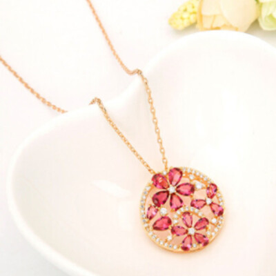 

Round Elegant Pendant With Cubic Zircon Red Flower Necklace Champagne Gold Color Jewelry