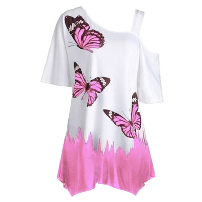 

Plus Size Women Butterfly Print T-shirt Cold Shoulder Short Sleeve Tunic Tee Top