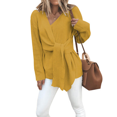 

Womens V-neck Tie Long-sleeved Sweater Fashion Solid Color 2019 Autumn Winter Sweater