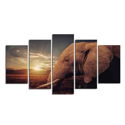 

5 Panels Closeup View Elephant Wall Art Sunset Print on Polyester Nature Painting for Home Decoration