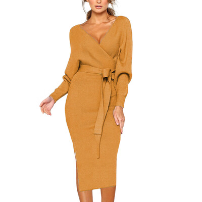 

Fashion Lady Dress Sexy Deep V Neck Solid Long Sleeve Dress Autumn Lace Up Women Mid-Long Dress