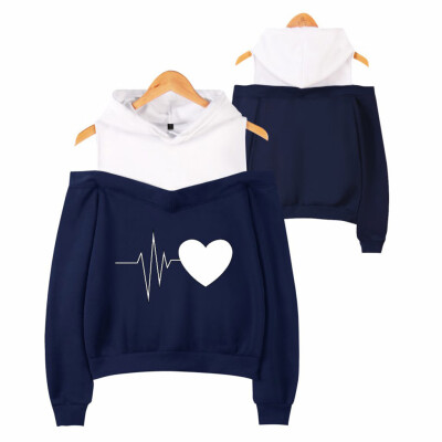 

Tailored Women Off Shoulder Heart Print Loose Hooded Sweatshirt Fake Two-Piece Blouse