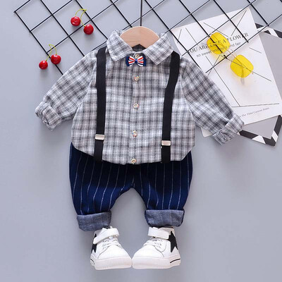 

Autumn Fashion infant clothing Baby Suit Baby Boys Clothes Gentleman Bow Tie grid shirt suspender Baby Long Set