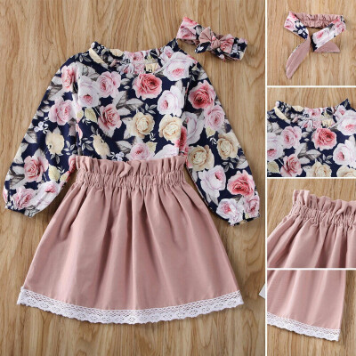 

Baby Girls Kid Clothes Flower Tops Knee-Length Lace Skirt Headband Dress 2-6Y