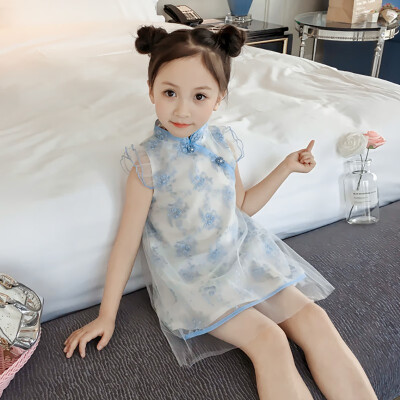 

Girls National Wind Princess Mesh Cute Sweet Long Sleeve Embroidered Lace Sleeveless Cheongsam Dress 2-7Y Toddler Girl Dress