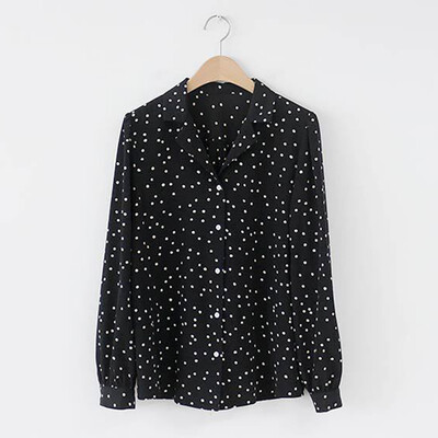 

Autumn Women Blouse Vintage Temperament Cartoon Dot Print Lapel Shirt Tops Loose Single-breasted Long Sleeve Blousew