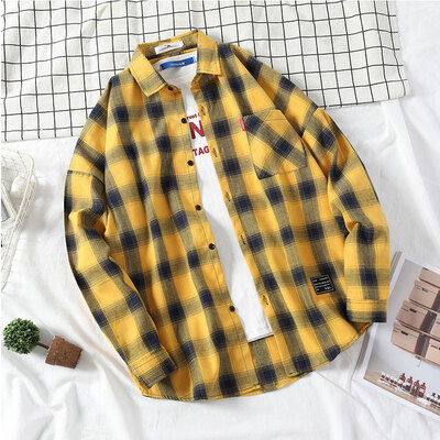 

Plaid Shirt Mens Long Sleeve Korean Trend Mens Jacket Student Casual Couples Shirt Grey 2XL