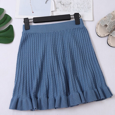 

Women Knitting Skirt Korean Autumn Winter Solid Color Elasticated High Waist Ruffles Hip Kawaii Mini Skirt