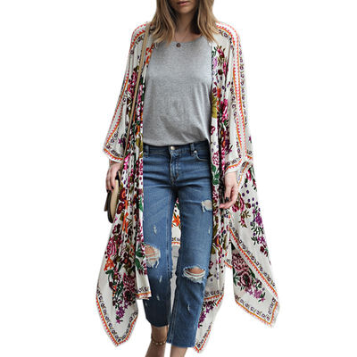 

Autumn Floral Print Maxi Kimono Cardigan Long Sleeve Vintage Blouse Elegant Women Oversize Chiffon Blouses Beachwear
